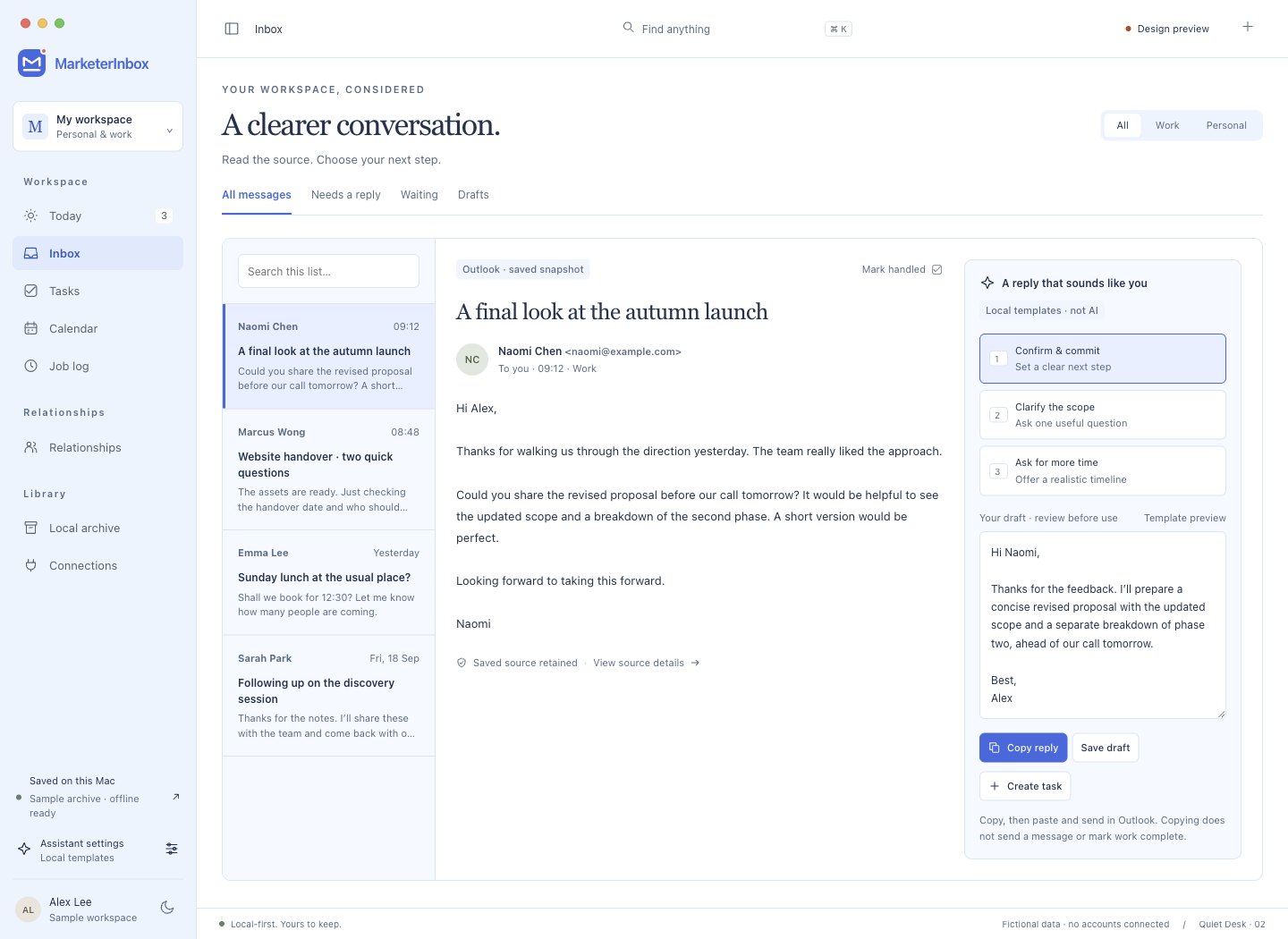Design preview of MarketerInbox with saved-message list, original email and three reply directions side by side.