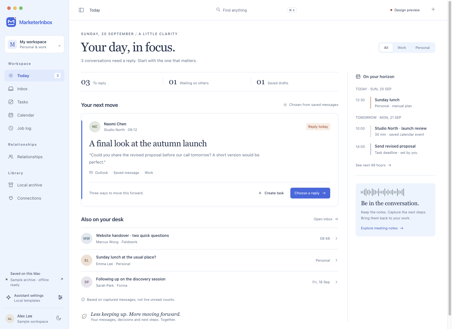 MarketerInbox design preview showing a reply queue, the next message to act on, and a 48-hour agenda. All visible people and messages are fictional.